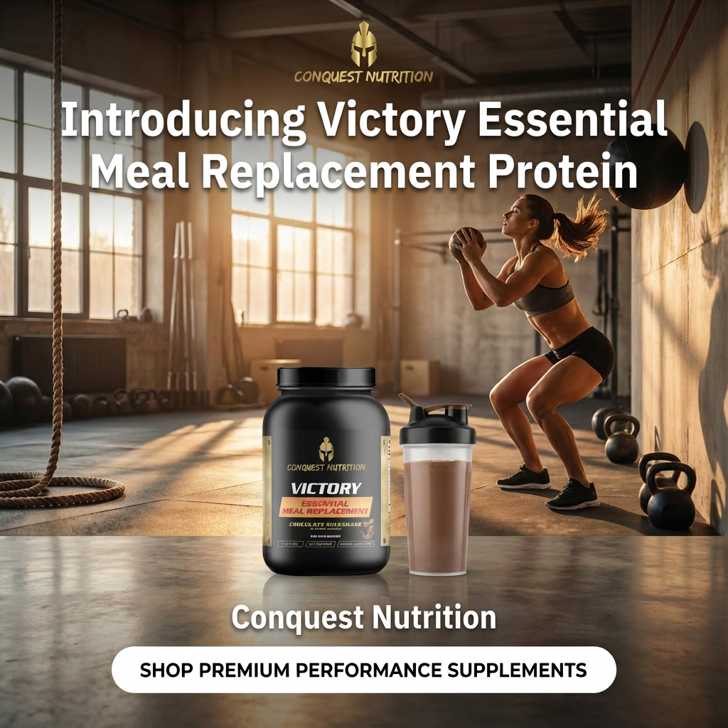 Conquest Nutrition Victory Essential Meal Replacement Protein with a gym setting in the background