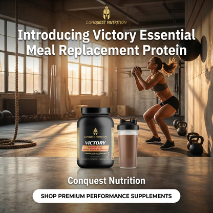 Conquest Nutrition Victory Essential Meal Replacement Protein with a gym setting in the background