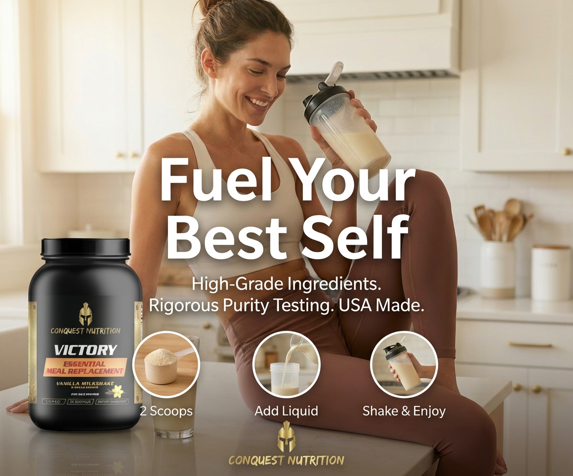 Woman holding a protein shake with Conquest Nutrition products and text promoting high-grade ingredients and rigorous purity testing.