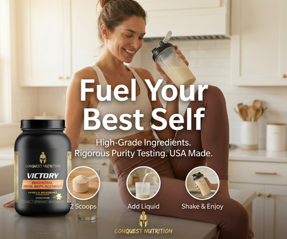 Woman holding a protein shake with Conquest Nutrition products and text promoting high-grade ingredients and rigorous purity testing.
