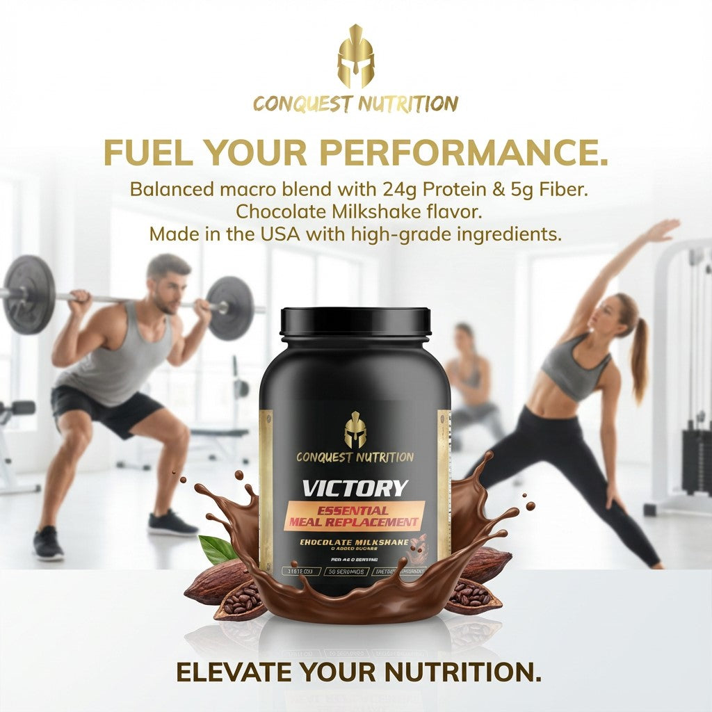 Conquest Nutrition Victory meal replacement supplement with gym background