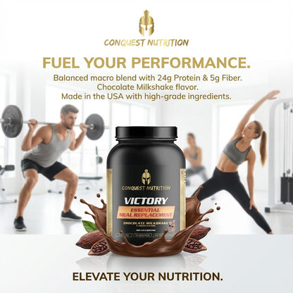 Conquest Nutrition Victory meal replacement supplement with gym background