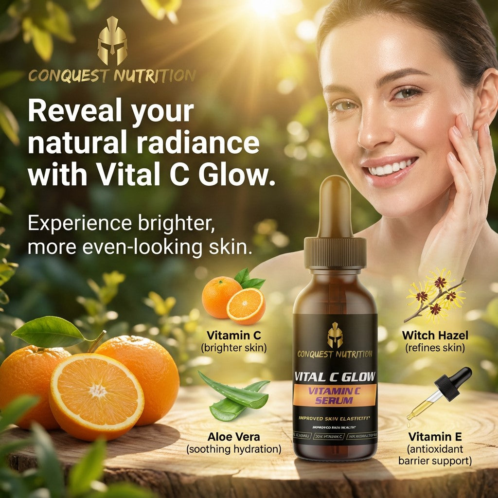 Conquest Nutrition Vital C Glow Vitamin C Serum with oranges and a woman's face in the background