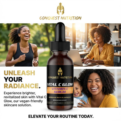 Conquest Nutrition Vital C Glow Vitamin C Serum advertisement with lifestyle images and text.