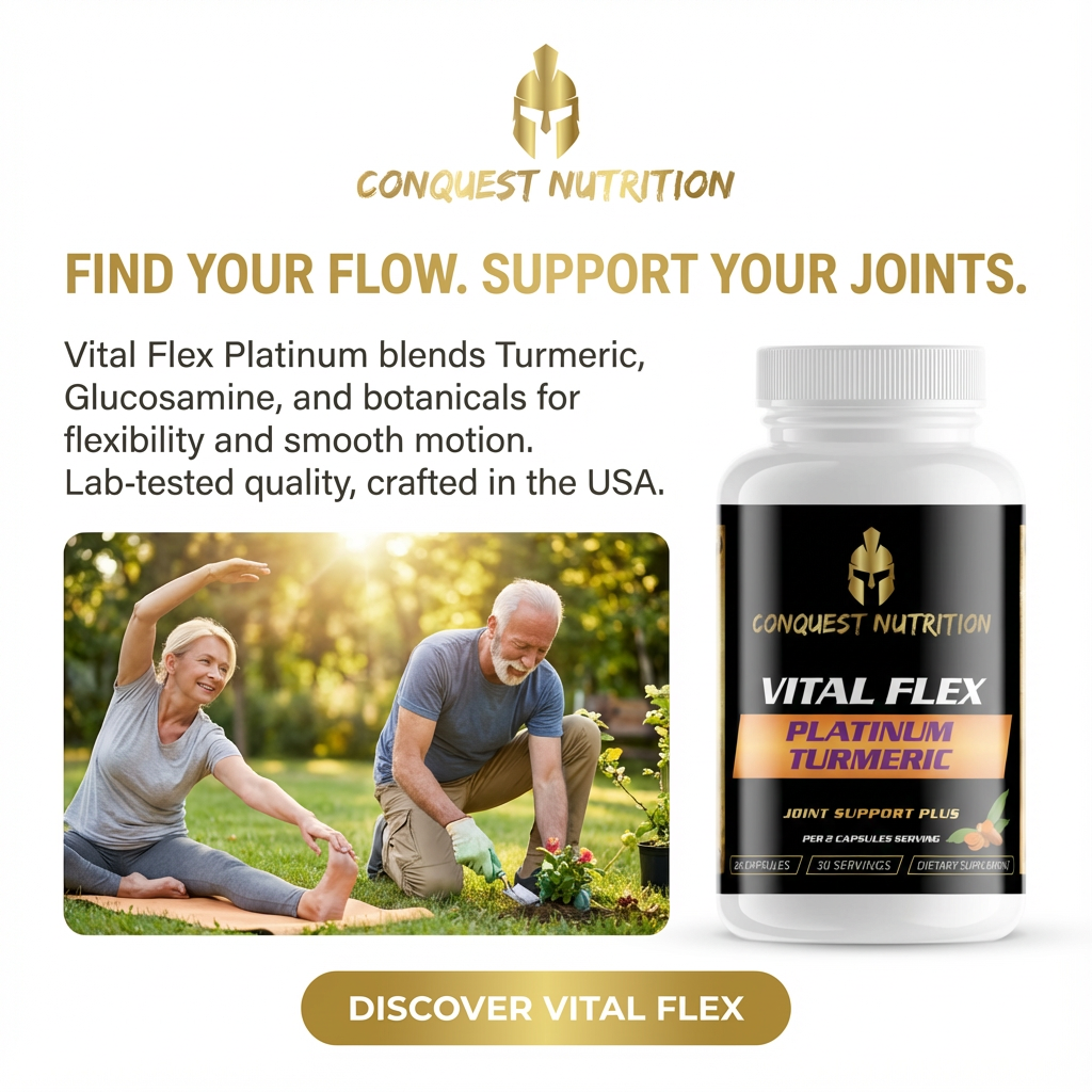 Conquest Nutrition Vital Flex Platinum supplement bottle with promotional text and images of a man and woman exercising outdoors.