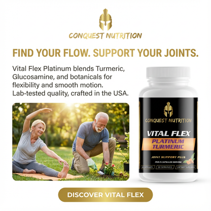 Conquest Nutrition Vital Flex Platinum supplement bottle with promotional text and images of a man and woman exercising outdoors.