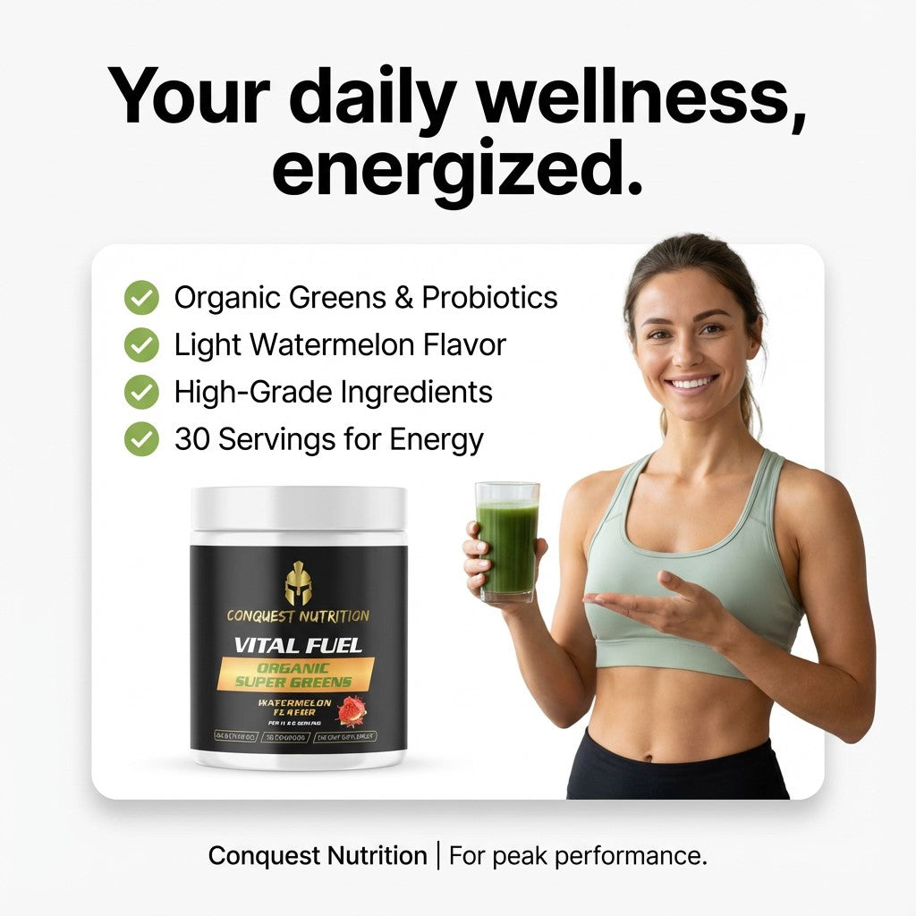 Woman holding a glass of green juice next to a container labeled 'Vital Fuel' with text about product features.