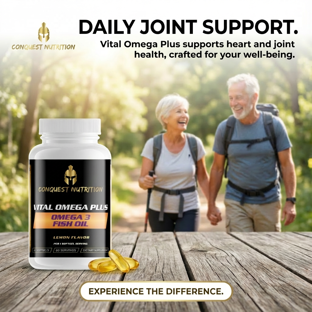 Conquest Nutrition Vital Omega Plus supplement bottle with an elderly couple hiking in the background.