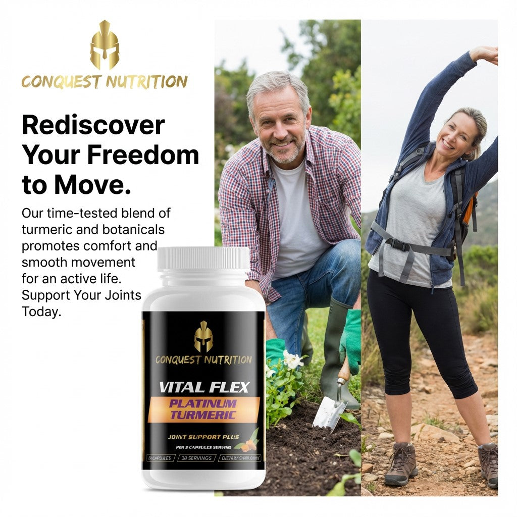 Advertisement for Conquest Nutrition Vital Flex Platinum Turmeric supplement with two people exercising outdoors.