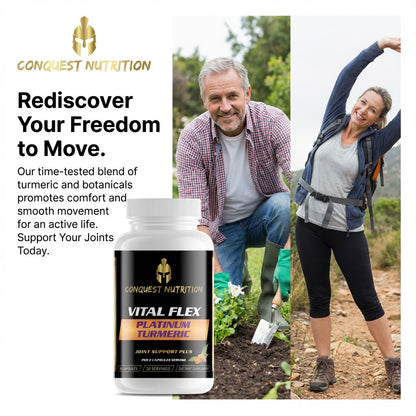 Advertisement for Conquest Nutrition Vital Flex Platinum Turmeric supplement with two people exercising outdoors.