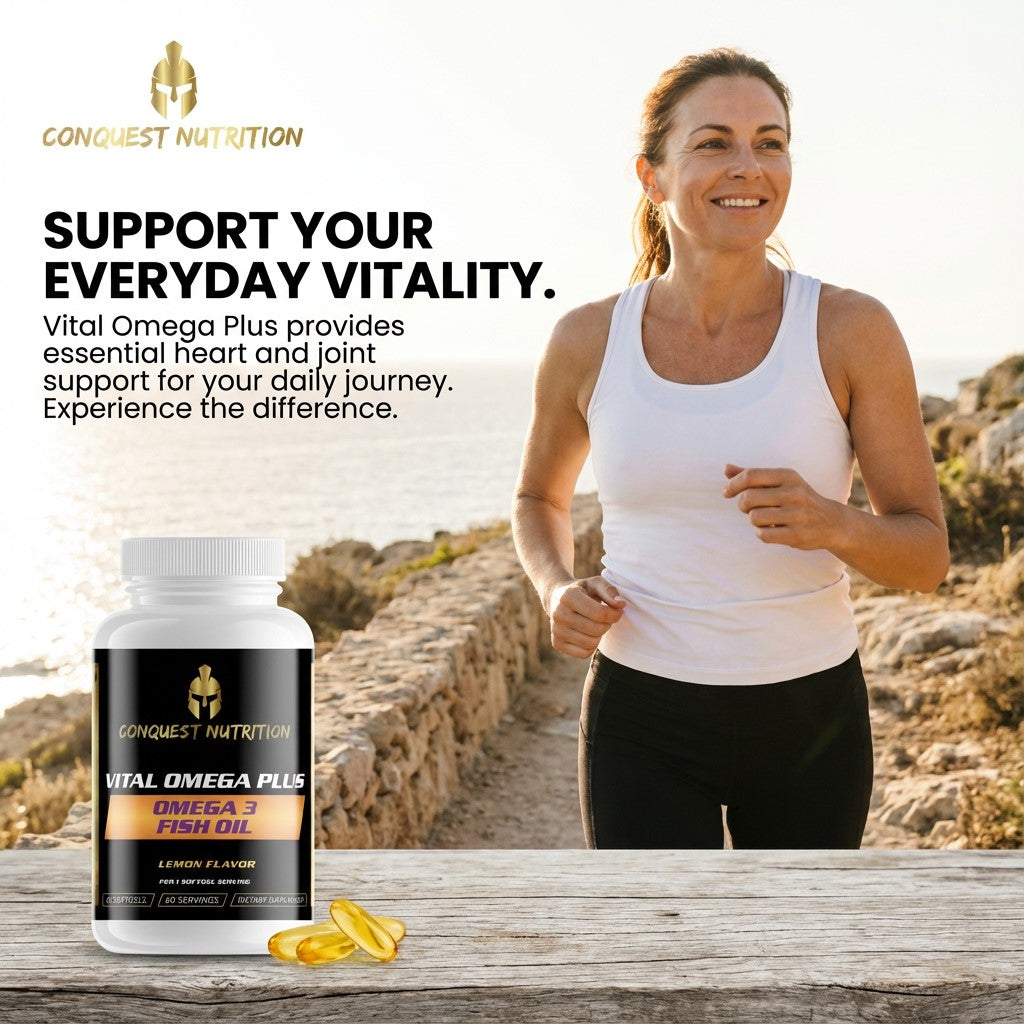 Woman running on a beach with Conquest Nutrition Vital Omega Plus supplement in the foreground.