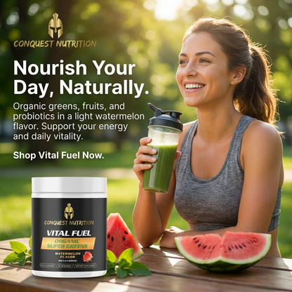 Woman holding a green smoothie with Conquest Nutrition products and text promoting organic super greens.