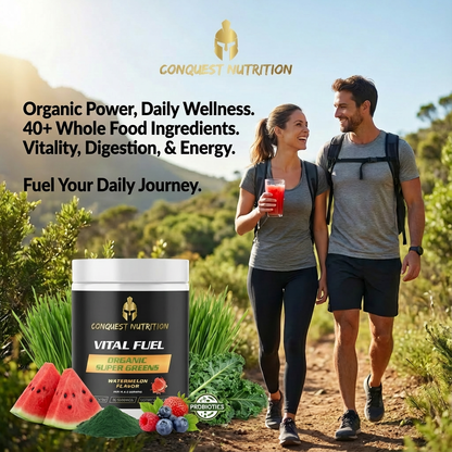 Two people hiking with a Conquest Nutrition product and promotional text in a natural setting.