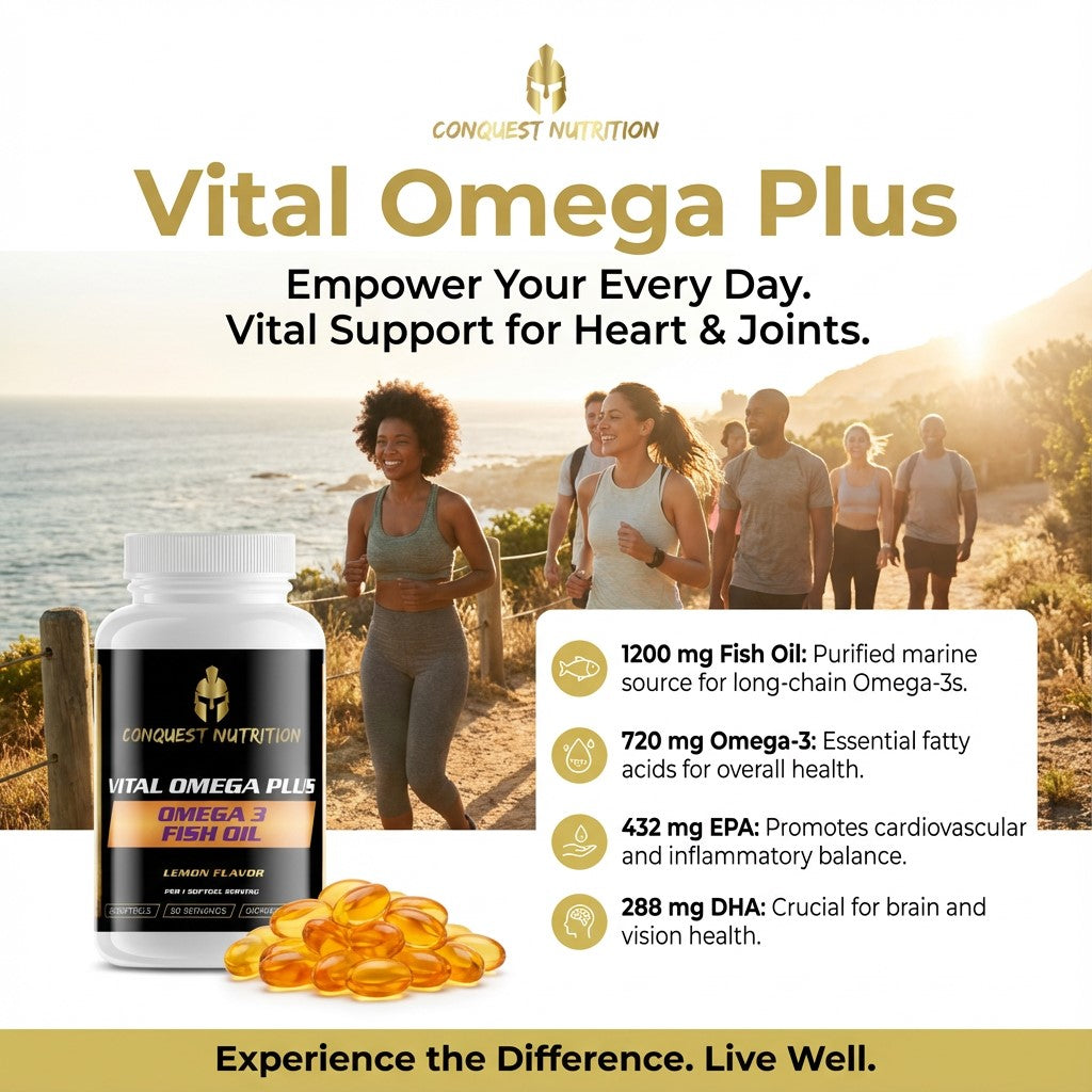 Vital Omega Plus supplement bottle with people exercising by a lake, featuring Conquest Nutrition branding.