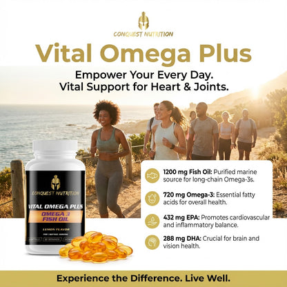 Vital Omega Plus supplement bottle with people exercising by a lake, featuring Conquest Nutrition branding.
