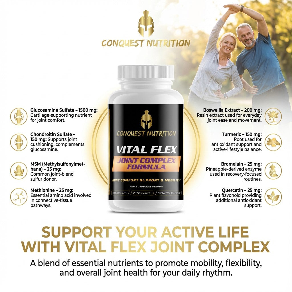 Conquest Nutrition Vital Flex Joint Complex Formula supplement bottle with a couple in the background