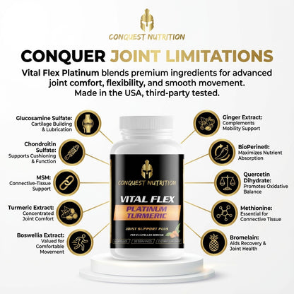 Conquest Nutrition Vital Flex Platinum supplement bottle with ingredients listed on a white background
