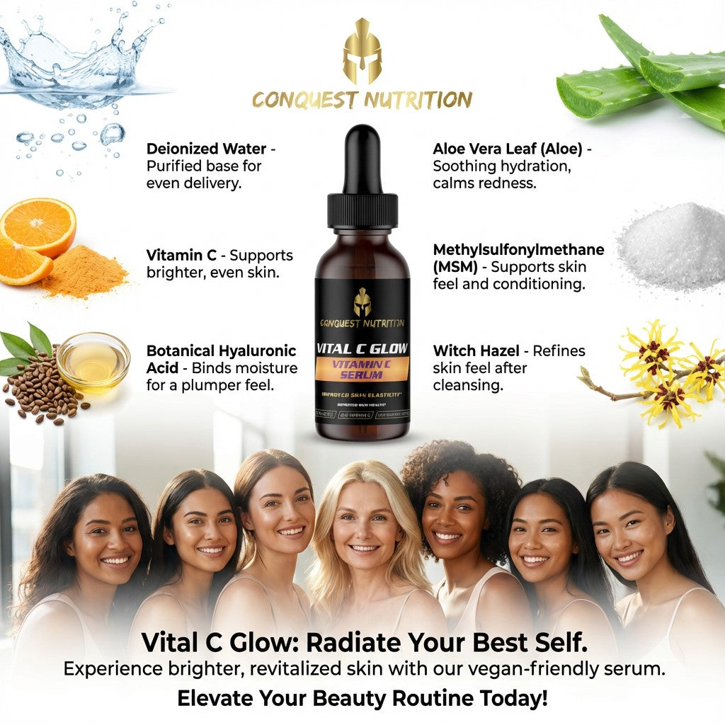 Conquest Nutrition Vital C Glow serum with ingredients and benefits displayed.