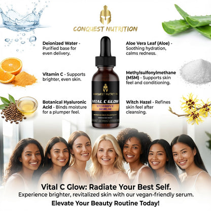 Conquest Nutrition Vital C Glow serum with ingredients and benefits displayed.