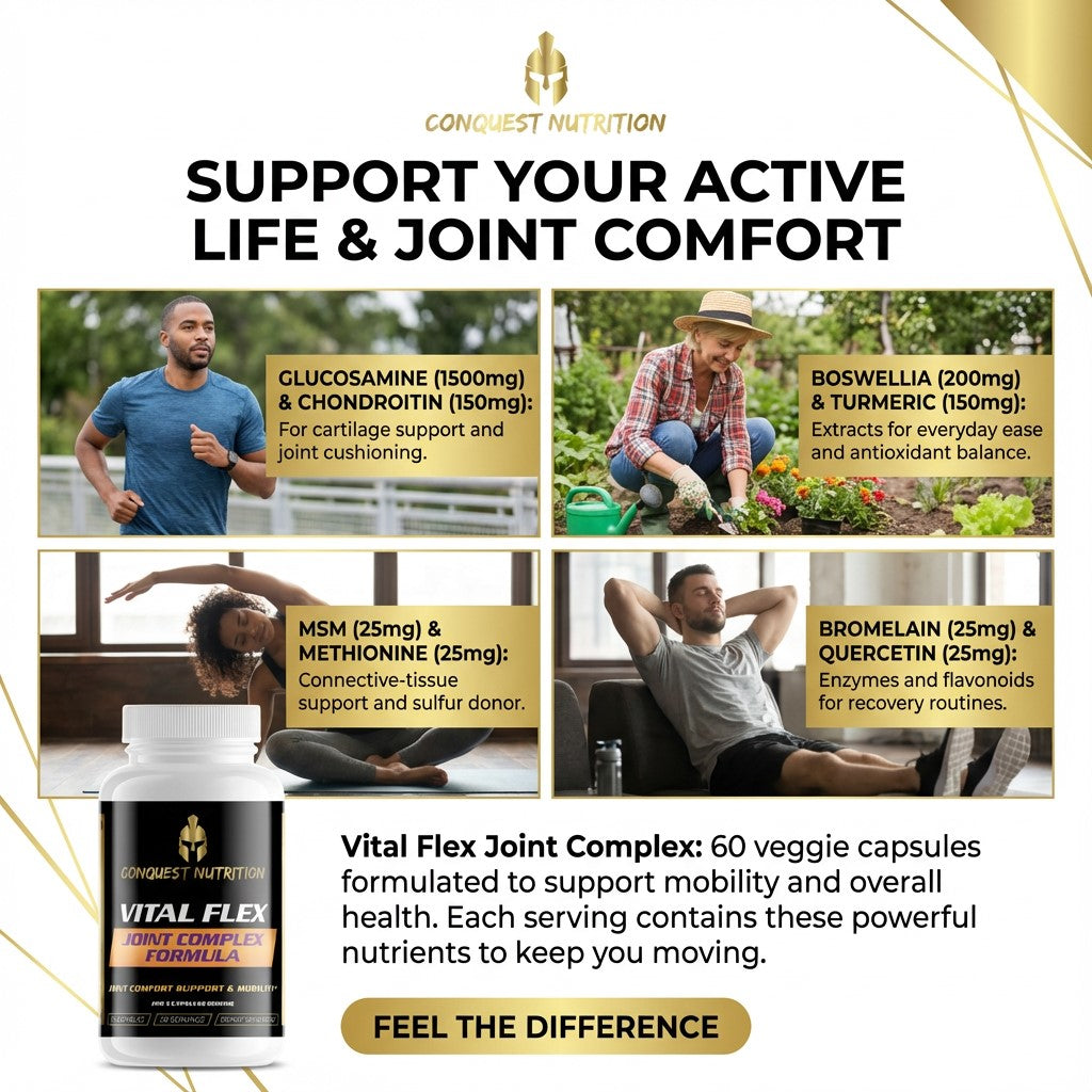 Advertisement for Conquest Nutrition Vital Flex Joint Complex with images of people exercising and text about joint support.