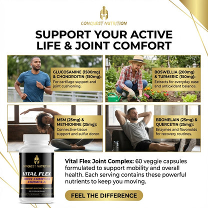 Advertisement for Conquest Nutrition Vital Flex Joint Complex with images of people exercising and text about joint support.