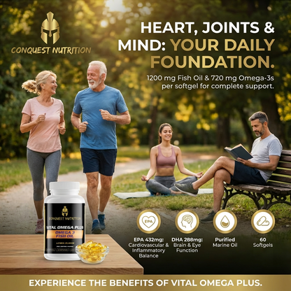Advertisement for Conquest Nutrition Vital Omega Plus with people exercising and reading outdoors.