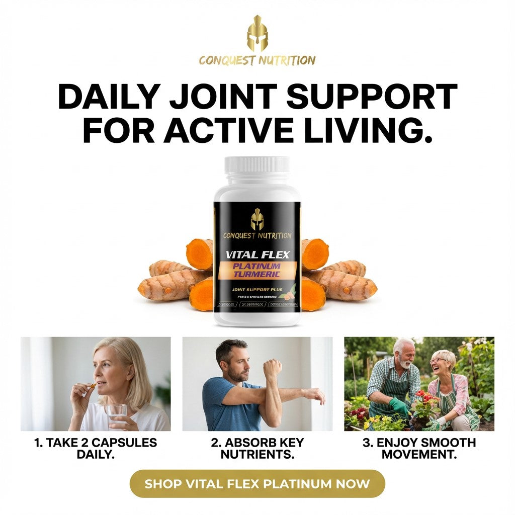 Advertisement for Conquest Nutrition Vital Flex Platinum Turmeric supplement with images of people and text about joint support.