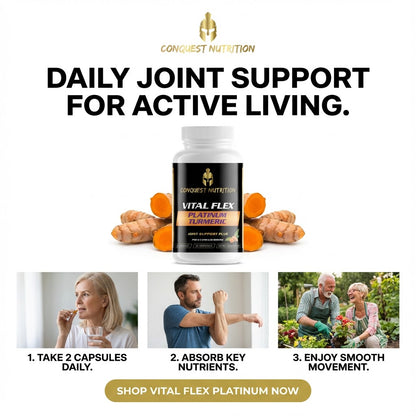 Advertisement for Conquest Nutrition Vital Flex Platinum Turmeric supplement with images of people and text about joint support.