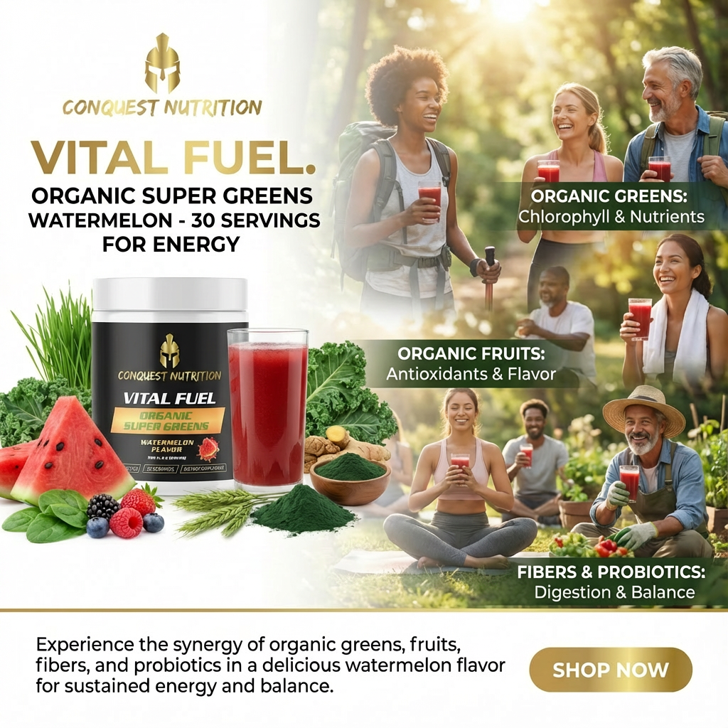 Conquest Nutrition Vital Fuel organic super greens product with people enjoying the drink outdoors.