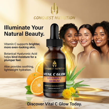 Conquest Nutrition Vitamin C Glow serum bottle with three women and natural elements on a warm background
