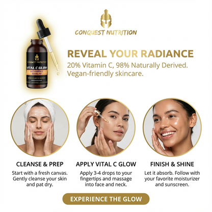 Conquest Nutrition skincare product with usage instructions and benefits on a white background