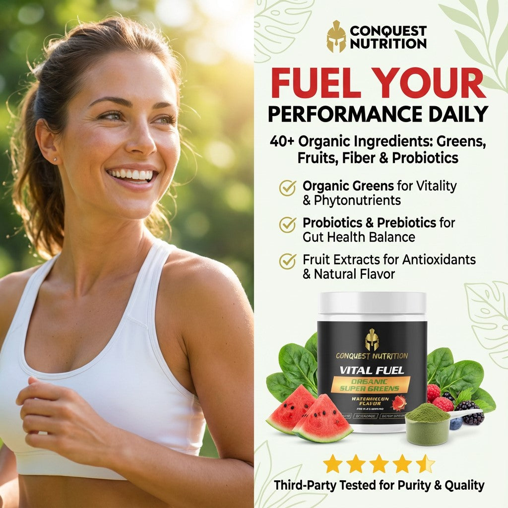 Woman outdoors with Conquest Nutrition supplement container and text about fueling performance.