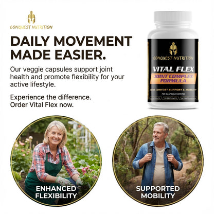 Advertisement for Conquest Nutrition Vital Flex Joint Complex Formula with images of a woman and man outdoors.