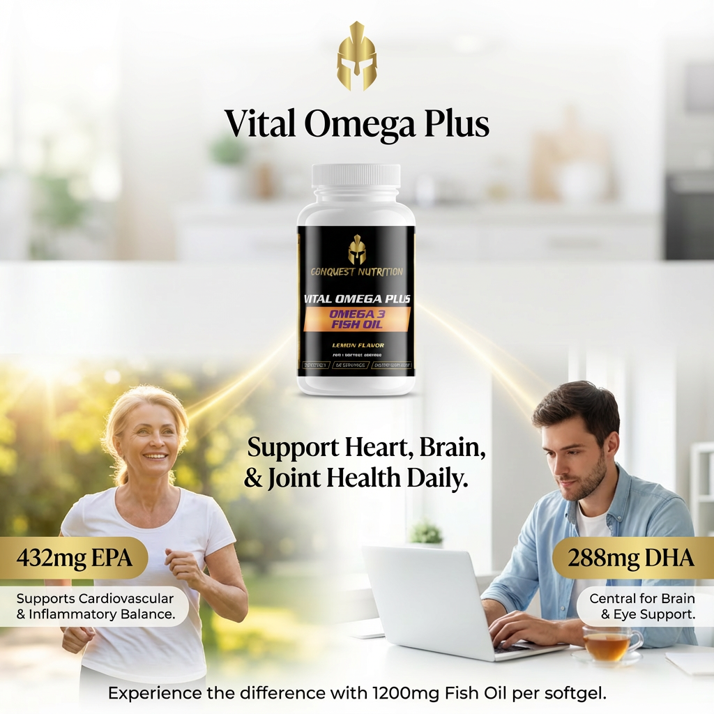 Advertisement for Vital Omega Plus fish oil supplement with two people in a home setting.