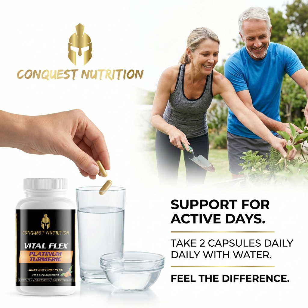 Advertisement for Conquest Nutrition Vital Flex supplement with a couple gardening in the background.