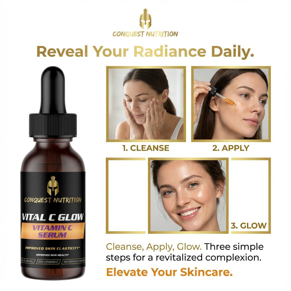 Vital C Glow Vitamin C Serum bottle with usage instructions on a white background