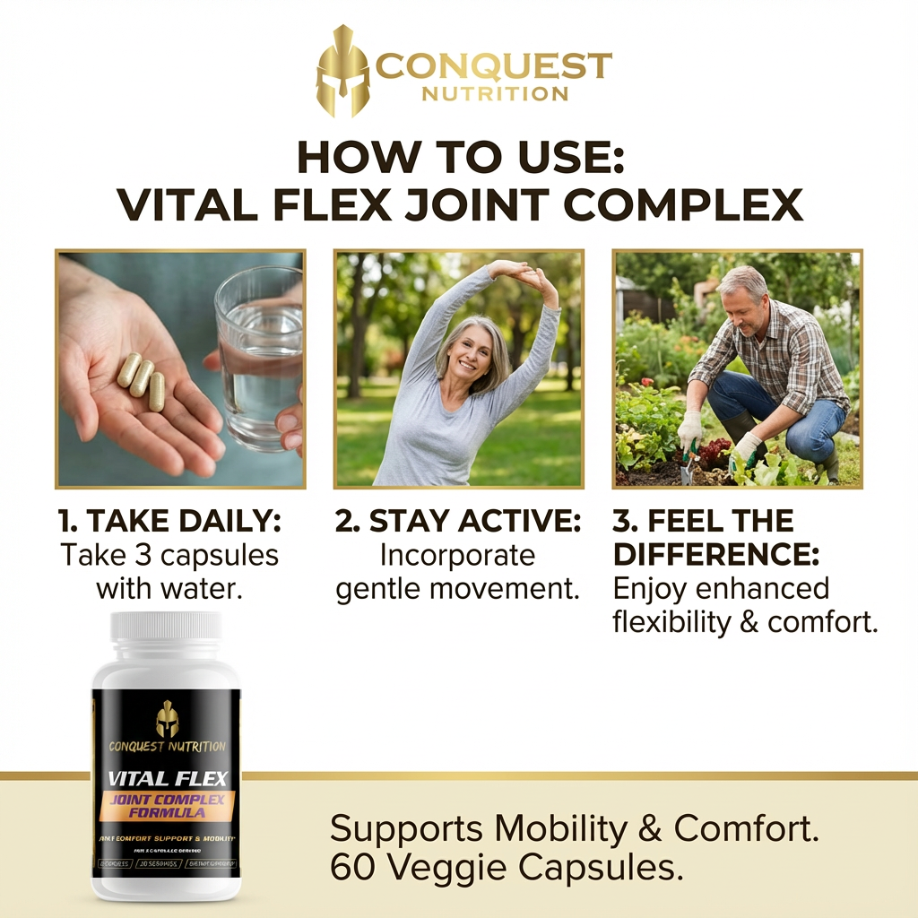 Conquest Nutrition Vital Flex Joint Complex advertisement with usage instructions and product packaging.