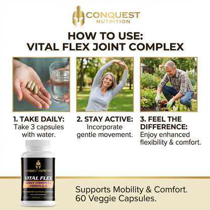 Conquest Nutrition Vital Flex Joint Complex advertisement with usage instructions and product packaging.