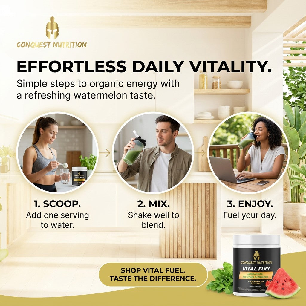 Advertisement for Conquest Nutrition product with steps to prepare and enjoy the product.