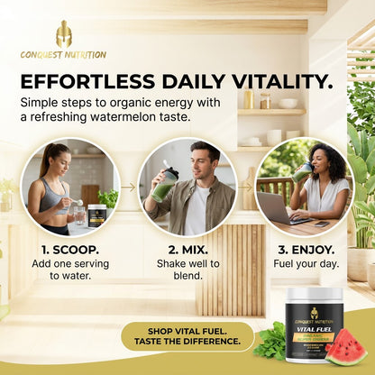 Advertisement for Conquest Nutrition product with steps to prepare and enjoy the product.