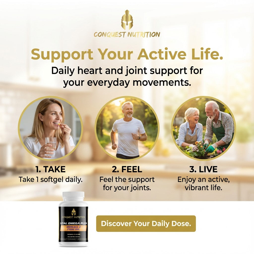 Advertisement for Conquest Nutrition supplements with lifestyle images and product packaging.