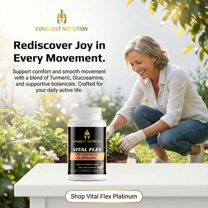 Woman gardening with Conquest Nutrition Vital Flex supplement bottle in foreground