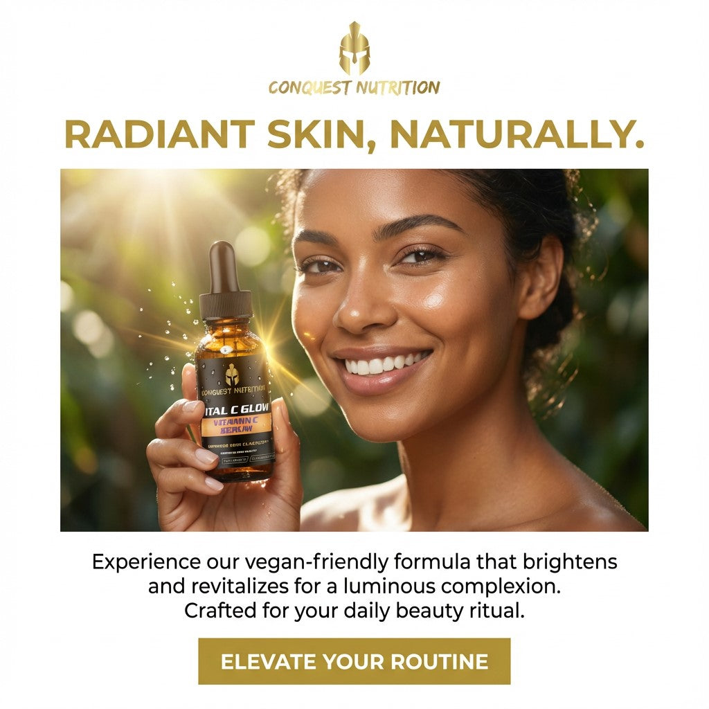 Woman holding a bottle of Conquest Nutrition product with text about radiant skin.