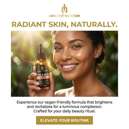 Woman holding a bottle of Conquest Nutrition product with text about radiant skin.