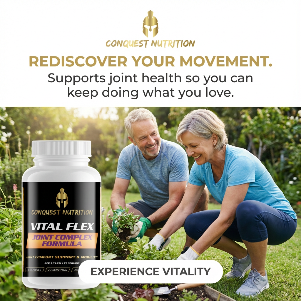 Conquest Nutrition Vital Flex supplement bottle with a couple gardening outdoors.