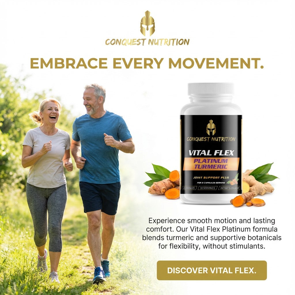 Advertisement for Conquest Nutrition Vital Flex supplement with a couple running outdoors.