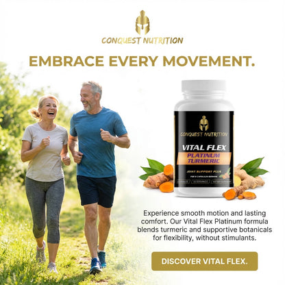 Advertisement for Conquest Nutrition Vital Flex supplement with a couple running outdoors.