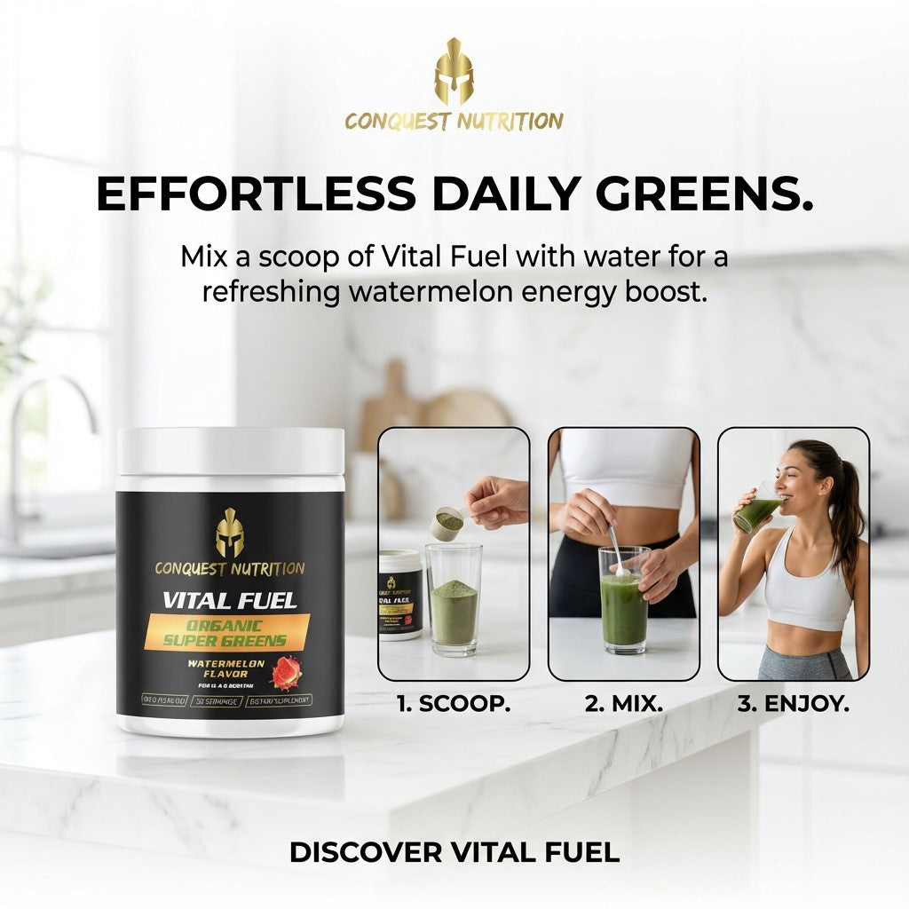 Advertisement for Conquest Nutrition Vital Fuel with step-by-step instructions on how to use it.