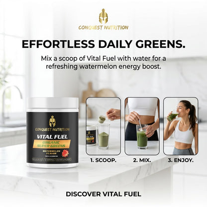 Advertisement for Conquest Nutrition Vital Fuel with step-by-step instructions on how to use it.