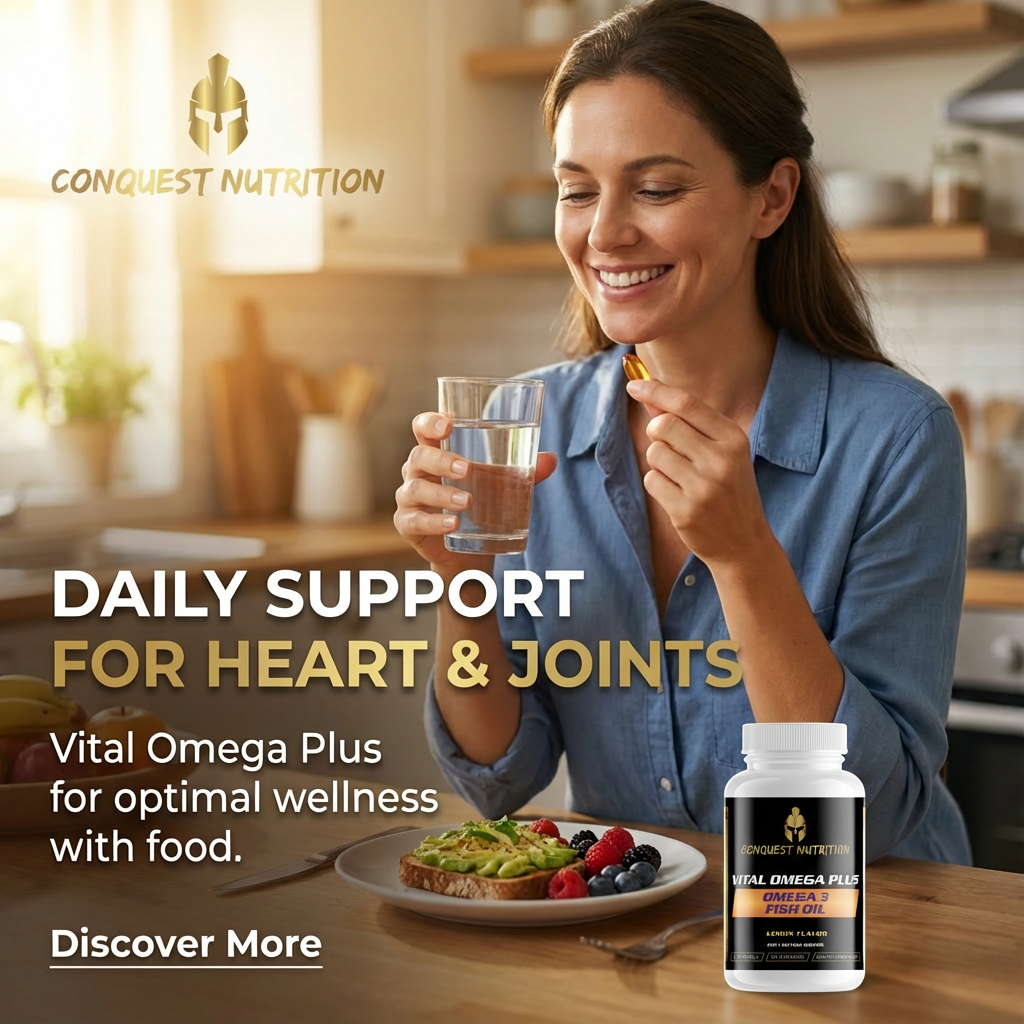 Woman in a kitchen holding a glass of water and a supplement bottle with 'Conquest Nutrition' branding.